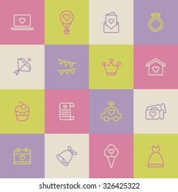 A set of vector icons for love, wedding, party. ring, balloon, house, flag, dress, bell, envelope, toy, cake, crown, ice cream, calendar, letter, ticket.