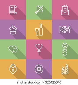 A set of vector icons for love, wedding, party. balloon, flower, pot, candle, bow, envelope, cook, heart, lock, box, letter, cake, wine.