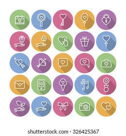 A set of vector icons for love, wedding, party. ice cream, note, balloon, heart, bow, ribbon, camera, envelope, lock, hand, box, gift, bag, key.