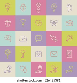 A set of vector icons for love, wedding, party. ice cream, note, balloon, heart, bow, ribbon, camera, envelope, lock, hand, box, gift, bag, key.