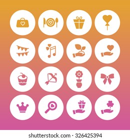 A set of vector icons for love, wedding, party. bag, cook, gift, balloon, flag, note, hand, cake, bow, flower, ribbon, crown, magnifier.