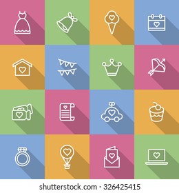 A set of vector icons for love, wedding, party. ring, balloon, house, flag, dress, bell, envelope, toy, cake, crown, ice cream, calendar, letter, ticket.