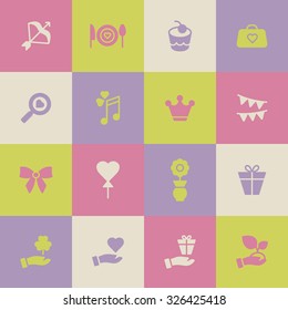 A set of vector icons for love, wedding, party. bag, cook, gift, balloon, flag, note, hand, cake, bow, flower, ribbon, crown, magnifier.