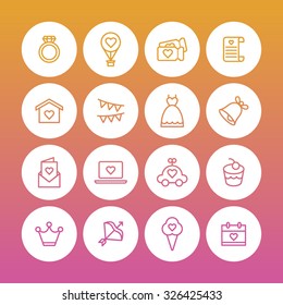 A set of vector icons for love, wedding, party. ring, balloon, house, flag, dress, bell, envelope, toy, cake, crown, ice cream, calendar, letter, ticket.