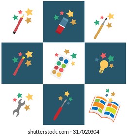 Set of vector icons. Magic tools: pencil, eraser, brush, wand, bulb, spanner, screwdriver, book.
