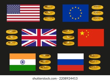 Set of vector icons of major world currencies with country flags in gold tones
