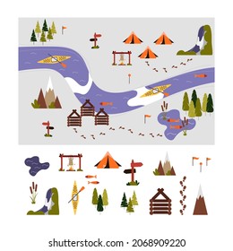 Set of vector icons, map creator for camping locations, outdoor activities, hiking routes. Vector illustration.