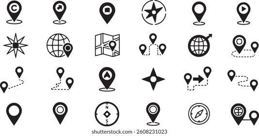 a set of vector icons for map, location, and navigation featuring pins, compass, and globe elements design