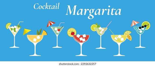 A set of vector icons of Margarita cocktail - with strawberries, orange, lime, lemon, olives, pineapple, mint, basil.