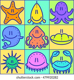 Set of vector icons of marine animals in cartoon style.