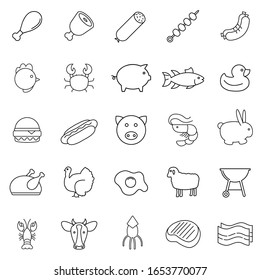 Conjunto de iconos vectoriales con carne, pescado, huevos y mariscos. Colección de iconos de esquema. Simple ilustración vectorial.