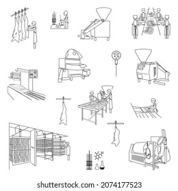 set of vector icons. Meat processing plant. Processing of meat into sausages. Industrial equipment, meat grinder, packaging, multivac, gas,. People are working. Carcass of pork, beef. Meat industry.	