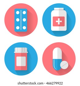 Set of vector icons of medical tablets for web site in flat style.