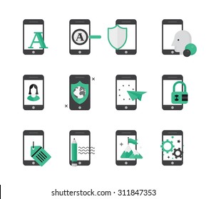 Set of vector icons in a modern flat design. Information security, global data protection, storage and retrieval.