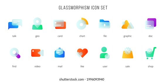A set of vector icons of the modern trend in the style of glass morphism with gradient, blur and transparency. The collection includes 14 icons of different colors in a single style