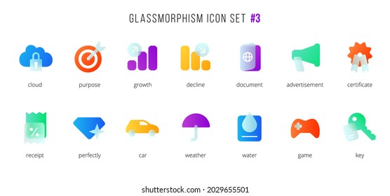 A set of vector icons of the modern trend in the style of glass morphism with gradient, blur and transparency. The collection includes 14 icons of different colors in a single style. Part 3