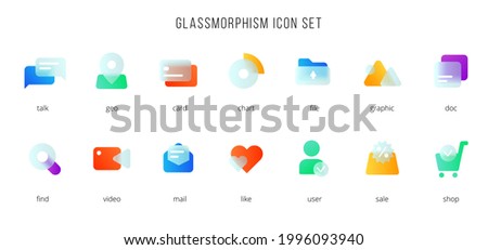 A set of vector icons of the modern trend in the style of glass morphism with gradient, blur and transparency. The collection includes 14 icons of different colors in a single style