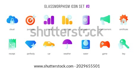 A set of vector icons of the modern trend in the style of glass morphism with gradient, blur and transparency. The collection includes 14 icons of different colors in a single style. Part 3