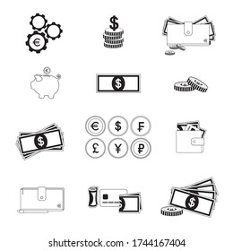 Set of vector icons money and Finance. Banknotes, coins, penny, piggy Bank, piggy, wallet, a plastic card. Currency: dollars, euros, rubles, yen, francs. Pictograms, infographics, and flat graphics.