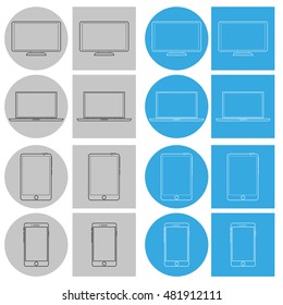 A set of vector icons. Monitor circuits, TV, laptop, tablet, phone on a gray and blue background, round and square. vector illustration