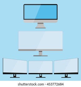 Set of vector icons monitors in the flat style, isolated on a blue background. For graphic and web design.