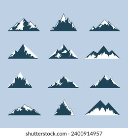 Conjunto de iconos vectoriales de las montañas. Turismo, íconos de campamento. Etiquetas de viajes de montaña y elementos de diseño. Vector.