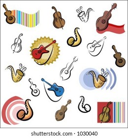 A set of vector icons of music instrument in color, and black and white renderings.