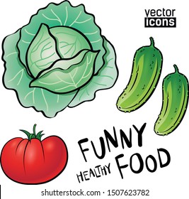 Set of vector icons naive funny food