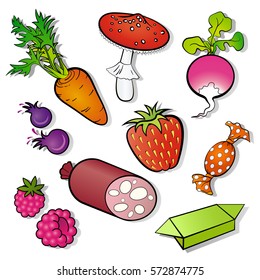 Set of vector icons naive funny food