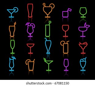 Set of vector icons of neon lights styled cocktail and liquor glasses.