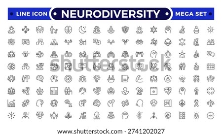 A set of vector icons Neurodiversity representing workplace inclusion, equity, diversity, and human rights, created in outline icon.
