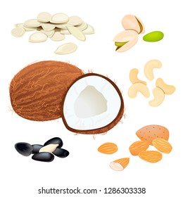 Set vector icons nuts and seeds. pumpkin seed, sunflower seeds. Pistachio, cashew, coconut, almond. Vector Illustration