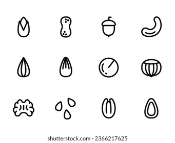 Set of vector icons nuts and seeds. Nuts and seeds editable stroke outline icons set isolated. Almonds, Pistachios, Walnuts, Hazelnuts, Cashews. Concept of healthy food, healthy eating