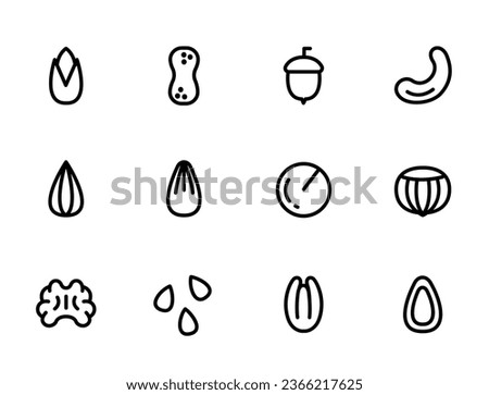 Set of vector icons nuts and seeds. Nuts and seeds editable stroke outline icons set isolated. Almonds, Pistachios, Walnuts, Hazelnuts, Cashews. Concept of healthy food, healthy eating