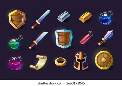 Set of vector icons, objects, things, item. Game concept and design. Design element. Magical magic. Game assets and tile. Fantasy, fiction style.