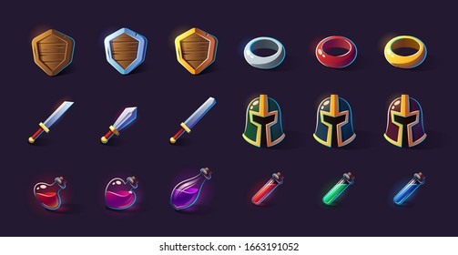 Set of vector icons, objects, things, item. Game concept and design. Design element. Magical magic. Game assets and tile. Fantasy, fiction style.