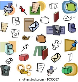 A set of vector icons of office objects in color, and black and white renderings.
