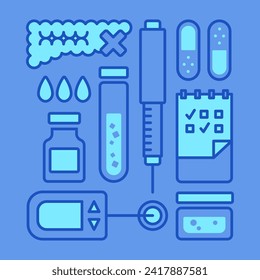 Conjunto de iconos vectoriales en un fondo azul. Una imagen sobre el tema de la diabetes, mostrando atributos relacionados con la enfermedad.
