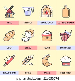 Set of vector icons on flour products, natural products, bread, pastry, bakery, cutting board, kitchen, grain, village, mill, cook.