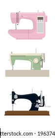 Set of vector icons on hand craft equipment: ancient, retro and modern sewing machines 