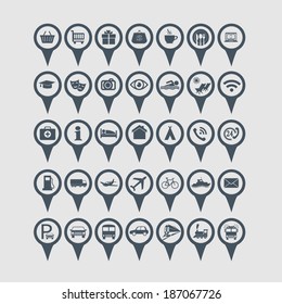 set of vector icons on map pointer, vector illustration.