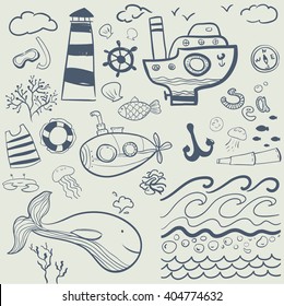 Set Of Vector Icons On The Marine Theme. Sea Background.
Vector Objects. Cute Hand Drawing Cartoon Icons