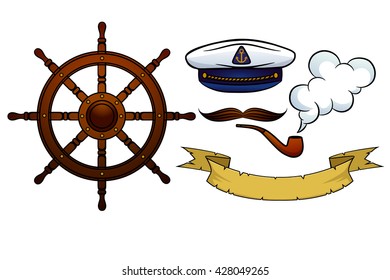 Set of vector icons on the marine theme. Captain hat, a mustache, a steering wheel, a tube for smoking, the smoke, the tape