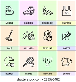Set of vector icons on the sports theme. Gym, biceps, running, discipline, sportswear, golf club, billiards, bowling, darts, protective helmet, tennis, cup, box.