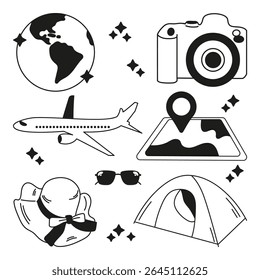 Conjunto de ícones vetoriais sobre um tema de verão: chapéu, óculos de sol, avião, mapa, câmera, planeta, toldo.  Ilustração plana. Mão desenhada. Adequado para viagem, mar, descanso. Isolado