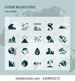 Set of vector icons on the theme global warming of our planet as a whole. Variants of environmental icons on the theme of ecology in flat style isolated on white background.