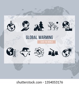 Set of vector icons on the theme global warming. Different variants of environmental icons on the theme of ecology in flat style isolated on white background.