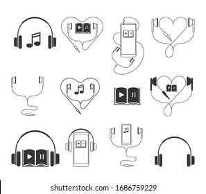 Set of vector icons on the theme of music, audio, book, listen, headphones, melody. Concept: pastime, training, entertainment, reading, audiobook, foreign language, audio, music fan, smartphone.