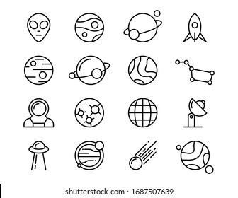 Set of vector icons on the theme of space and astrophysics, the study of other planets and UFOs.