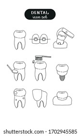 Set of vector icons on the theme of dental treatment, prosthetics, diseases of the teeth and gums, dental implants, veneers.